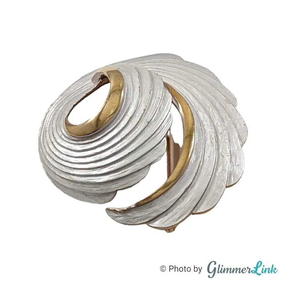 Vintage Domed Spiral White Enamel Gold Tone Brooch, Curled Wing or Leaf Pin
